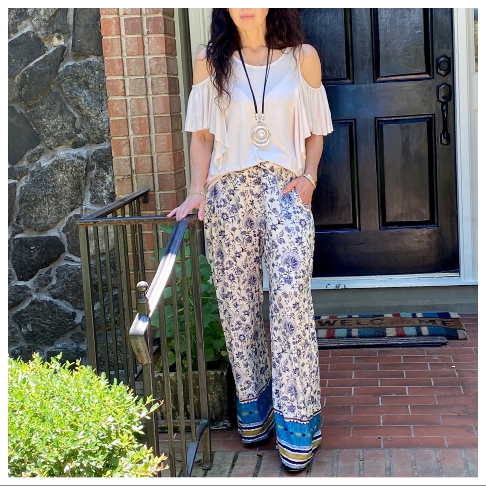 BOHO PRINT WIDE  LEG TIE FRONT PANTS - Picture 2 of 12